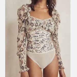 Free People Cream Puff Sleeve Floral Bodysuit